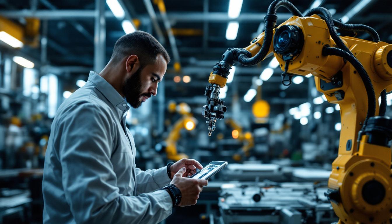 A photograph of a skilled technician programming or operating an industrial robotic arm in a modern manufacturing environment