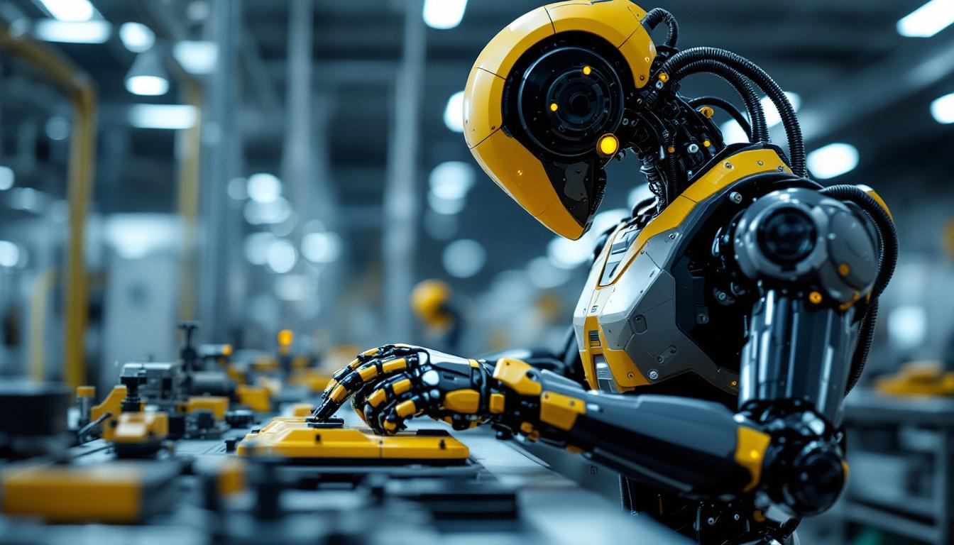A photograph of a sleek industrial robot in action on a factory floor