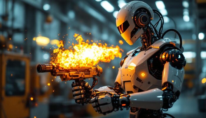 A photograph of a sleek industrial robot equipped with a flamethrower attachment in a dynamic factory setting