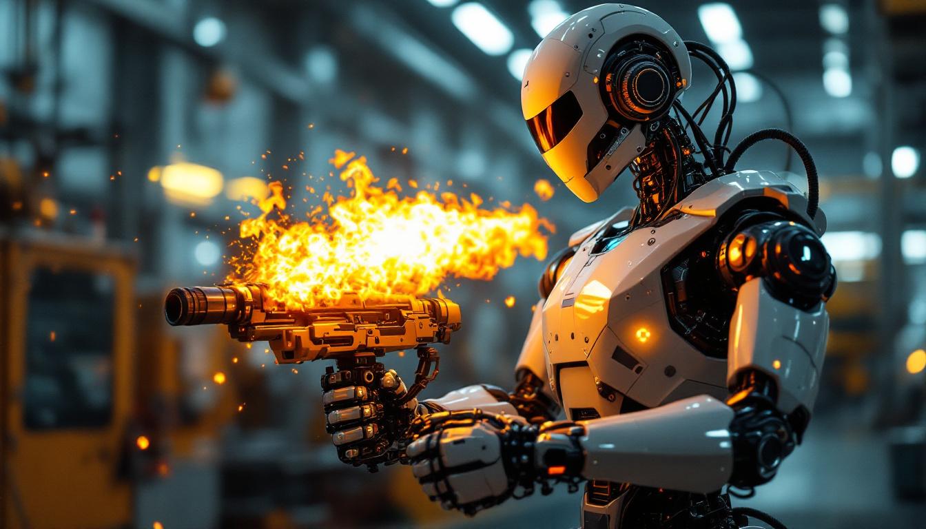 A photograph of a sleek industrial robot equipped with a flamethrower attachment in a dynamic factory setting