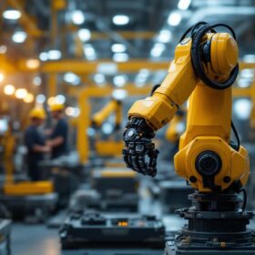A photograph of a modern industrial robotic arm in action