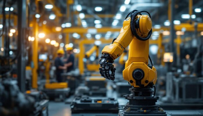 A photograph of a modern industrial robotic arm in action