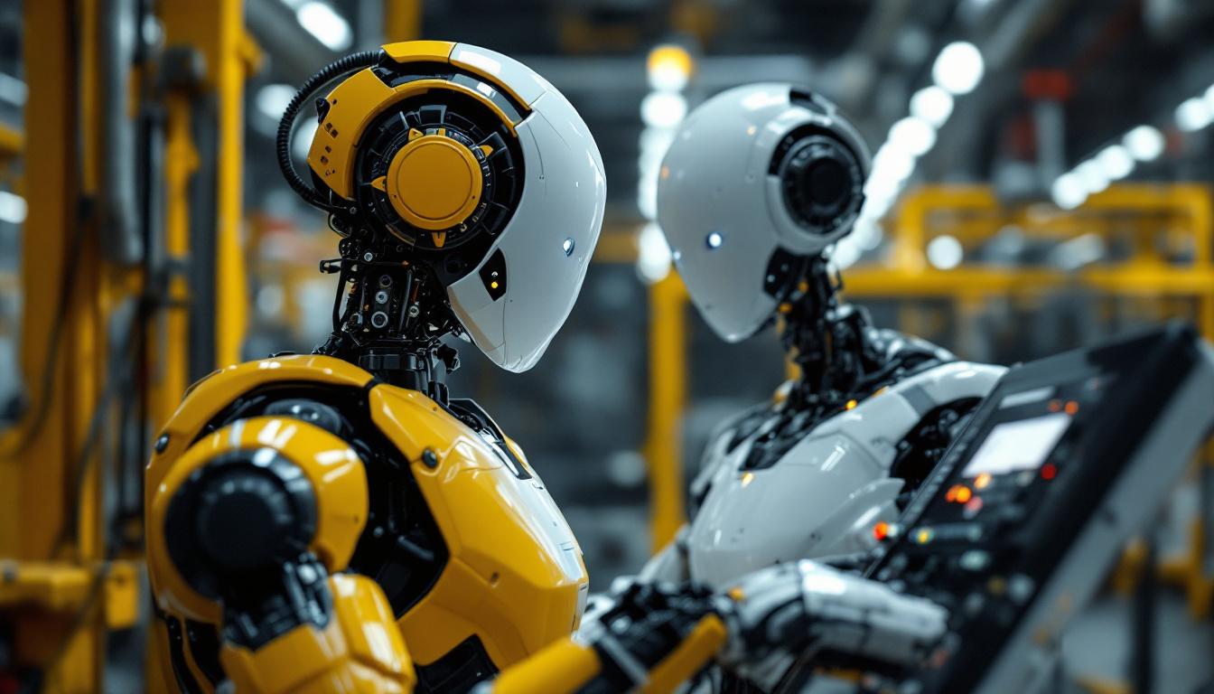 A photograph of a sleek industrial robot in a factory setting