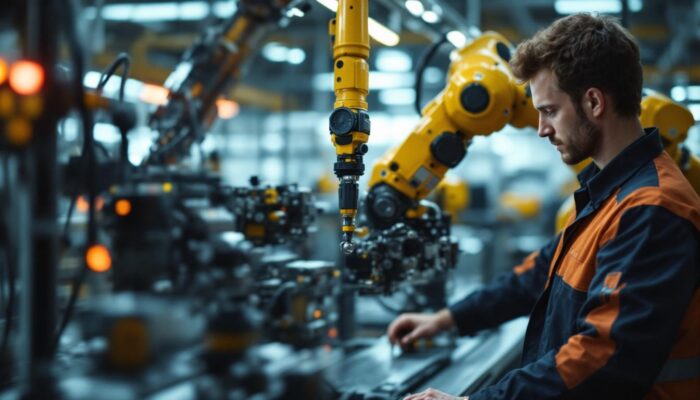 A photograph of a skilled technician programming or operating an industrial robot in a modern manufacturing environment