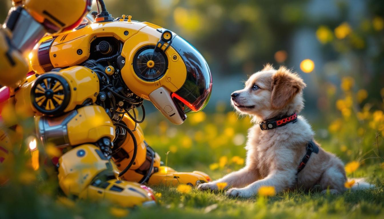 A photograph of a playful dog interacting with a colorful