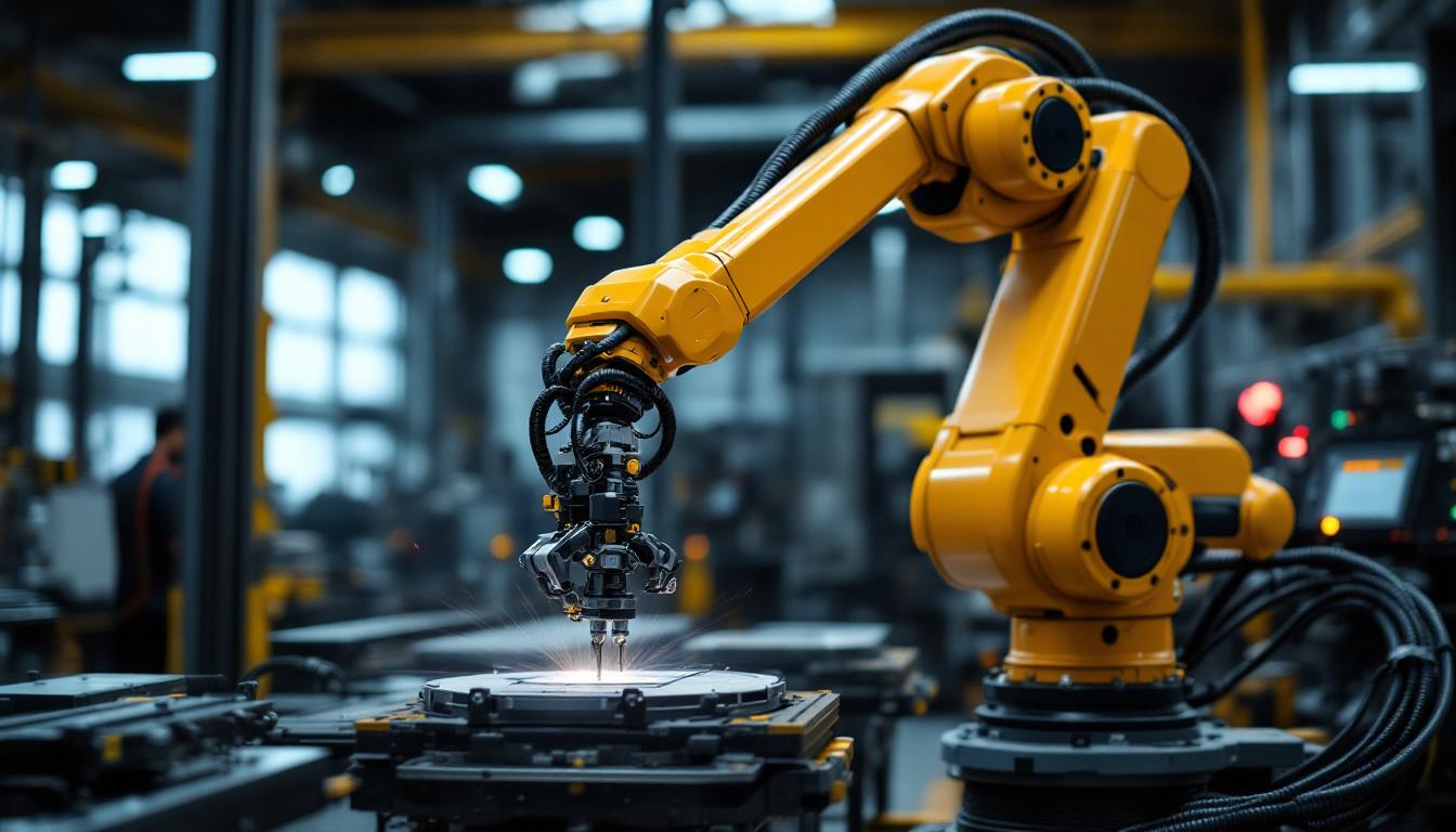 A photograph of a dynamic industrial robotic arm in action within a boston manufacturing facility