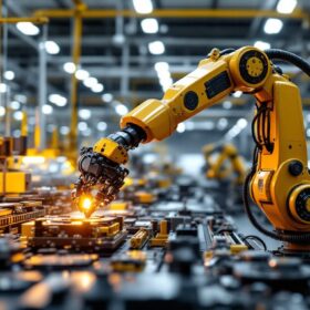 A photograph of a sleek industrial robotic arm in action within a modern manufacturing facility