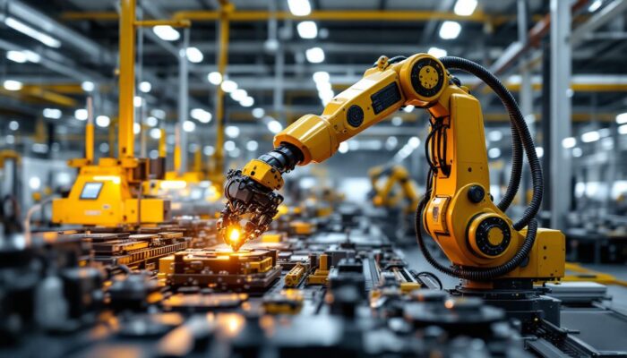A photograph of a sleek industrial robotic arm in action within a modern manufacturing facility