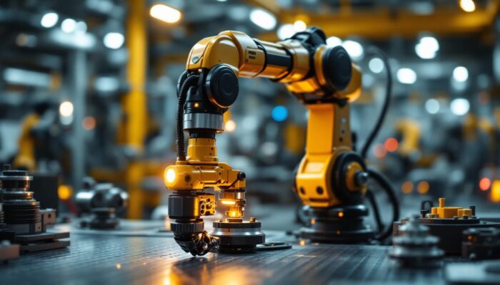 A photograph of a sleek industrial robotic arm in action