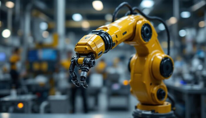 A photograph of a close-up shot of a robotic arm in an industrial setting