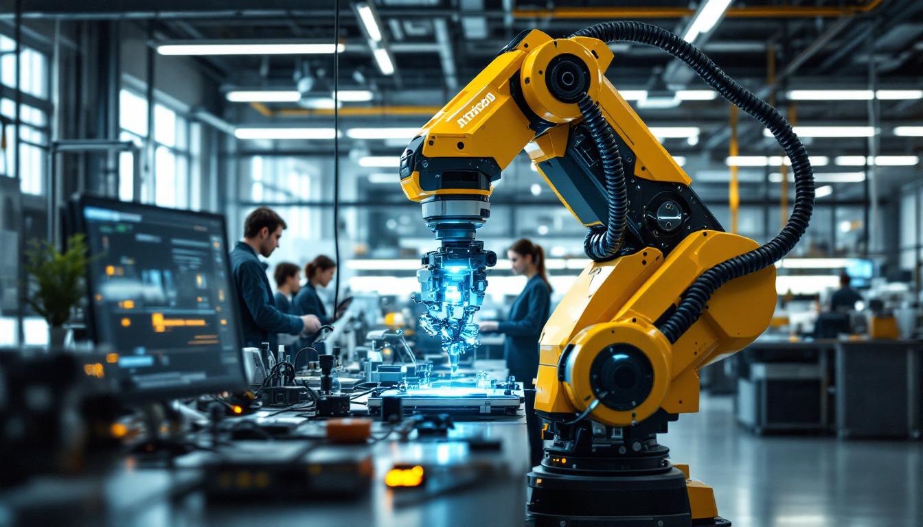 A photograph of a state-of-the-art industrial robot in action within a research lab setting