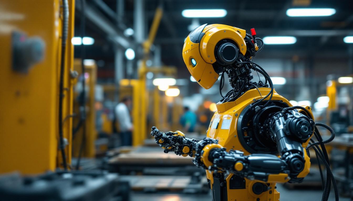 A photograph of a dynamic industrial robot in action within a boston manufacturing setting