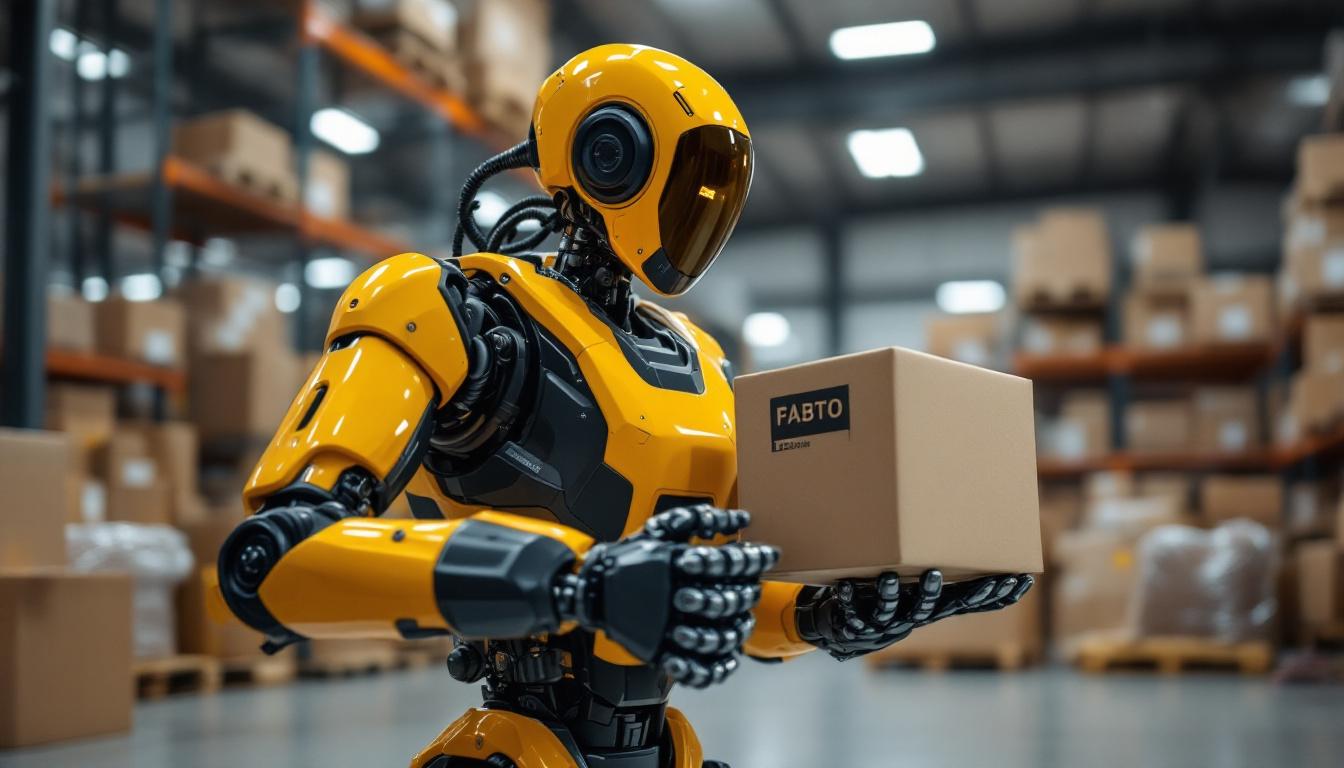 A photograph of a modern industrial robot in action within a moving company setting