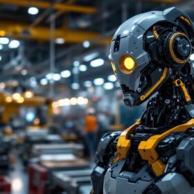 A photograph of a sleek industrial robot in action within a boston manufacturing facility