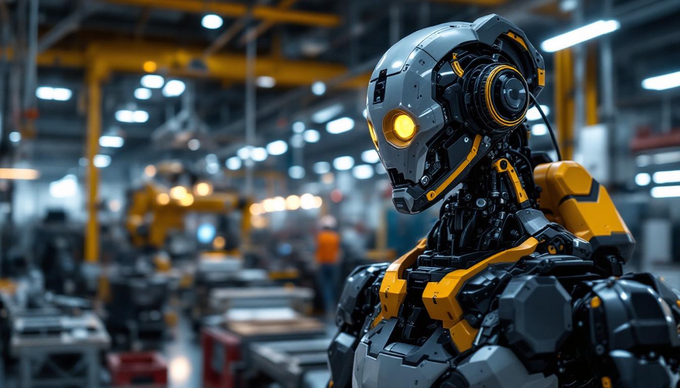 A photograph of a sleek industrial robot in action within a boston manufacturing facility