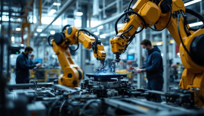 A photograph of a dynamic industrial robotics setup in action at a boston manufacturing facility