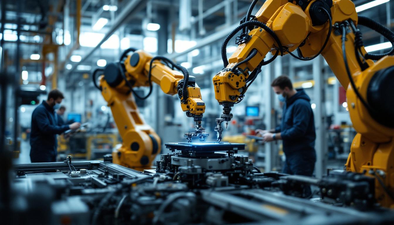 A photograph of a dynamic industrial robotics setup in action at a boston manufacturing facility