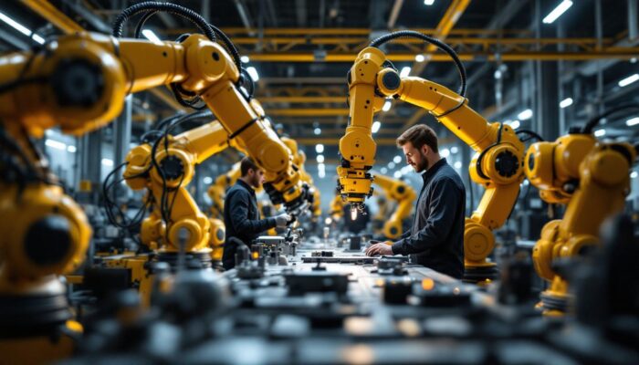 A photograph of a dynamic industrial robotics workspace