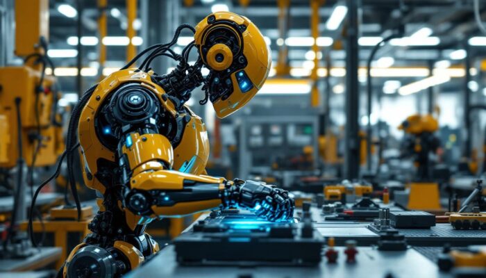 A photograph of a sleek industrial robot in action within a modern manufacturing environment
