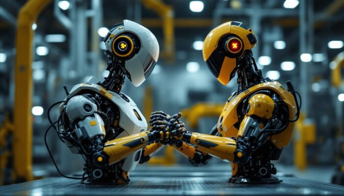 A photograph of capture a photograph of an industrial robot equipped with radiation sensors in a high-tech manufacturing environment