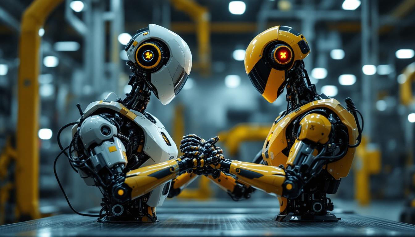 A photograph of capture a photograph of an industrial robot equipped with radiation sensors in a high-tech manufacturing environment