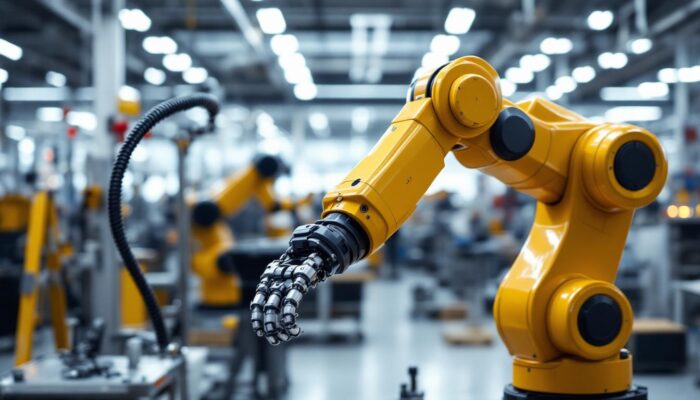 A photograph of a sleek industrial robotic arm in action within the boston scientific employee store
