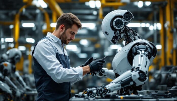 A photograph of a skilled engineer working on an industrial robot in a high-tech workshop