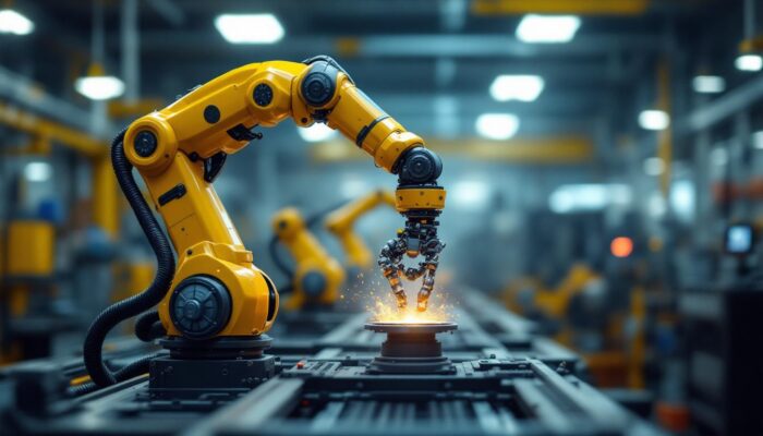 A photograph of a sleek industrial robotic arm in action