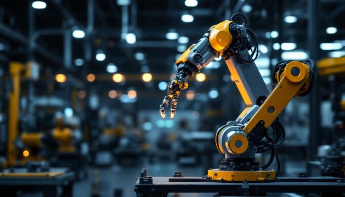 A photograph of a sleek industrial robotic arm in action