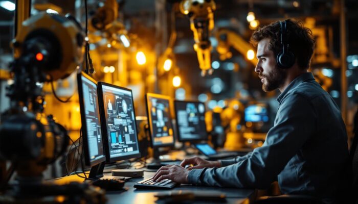 A photograph of a software test engineer working intently at a computer