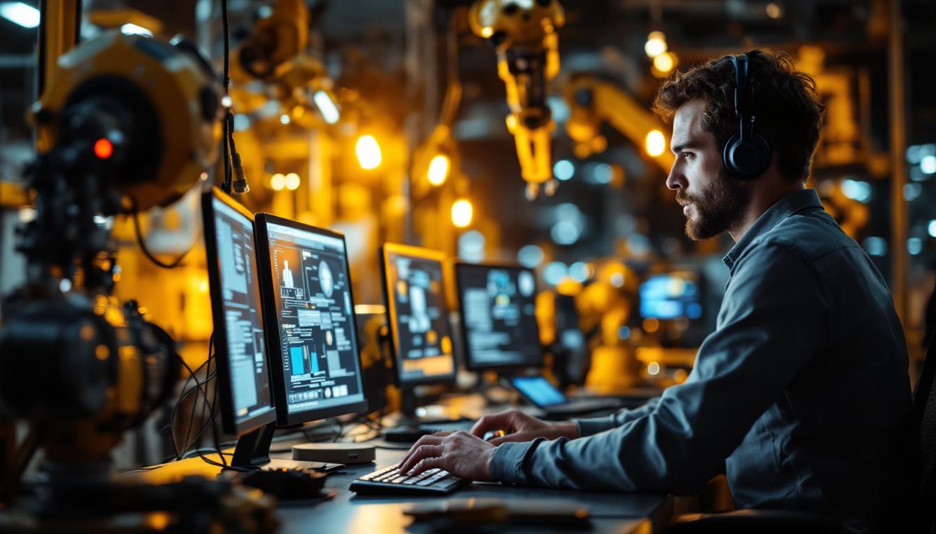 A photograph of a software test engineer working intently at a computer