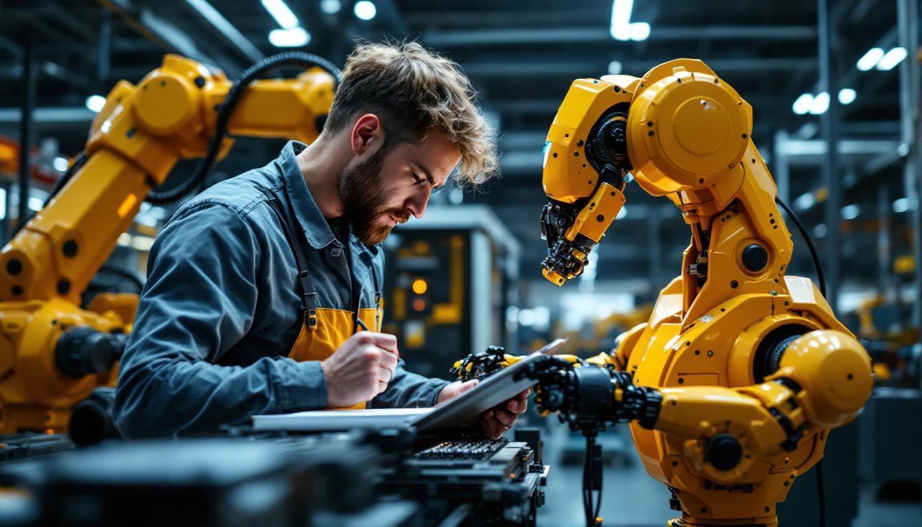 A photograph of a mechatronics engineer working alongside an industrial robot in a modern manufacturing setting