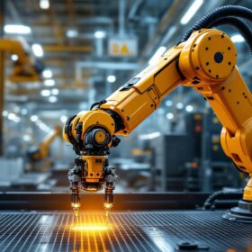 A photograph of a sleek industrial robotic arm in action