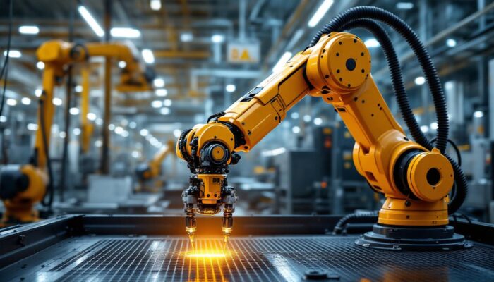 A photograph of a sleek industrial robotic arm in action