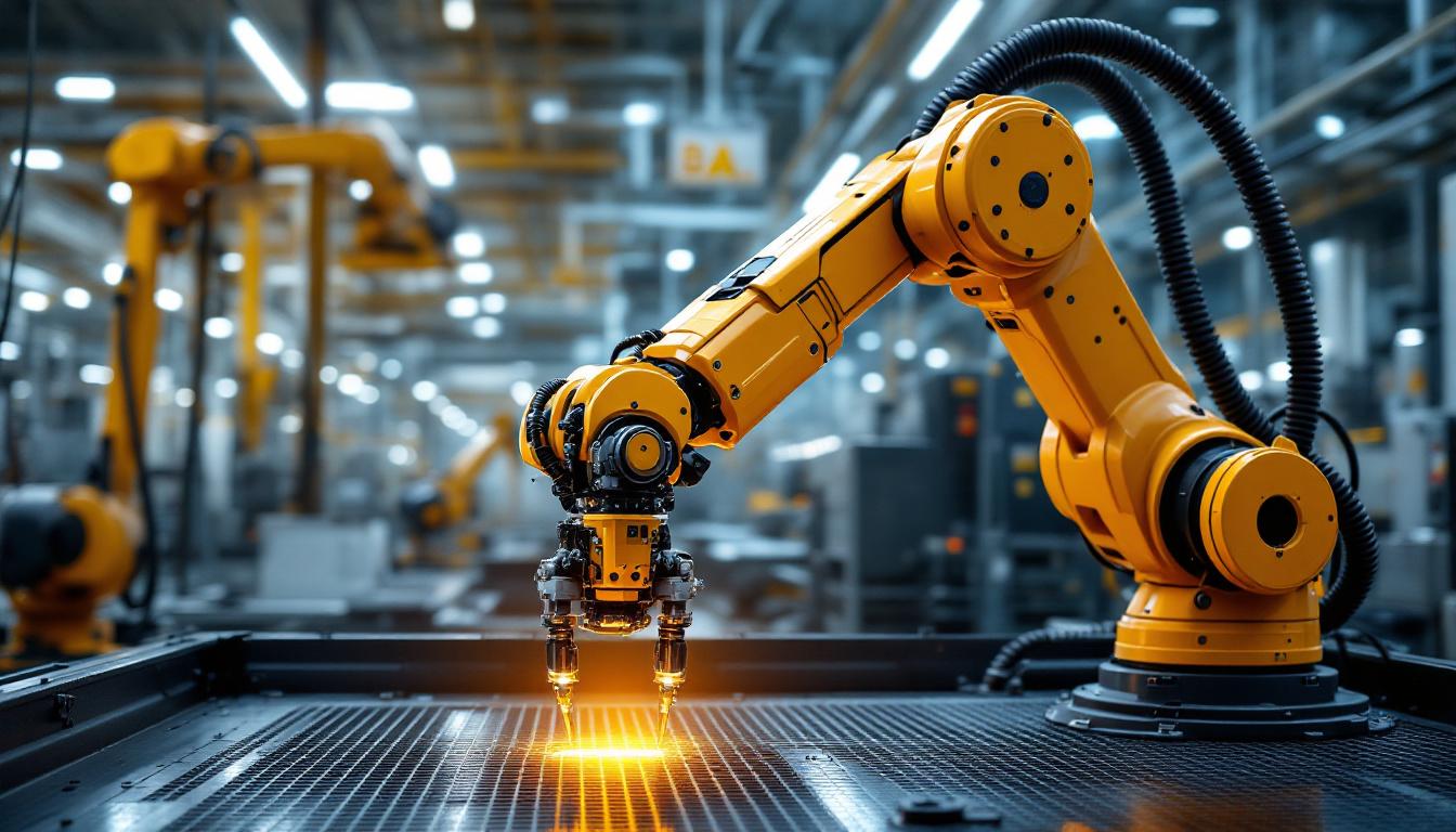 A photograph of a sleek industrial robotic arm in action