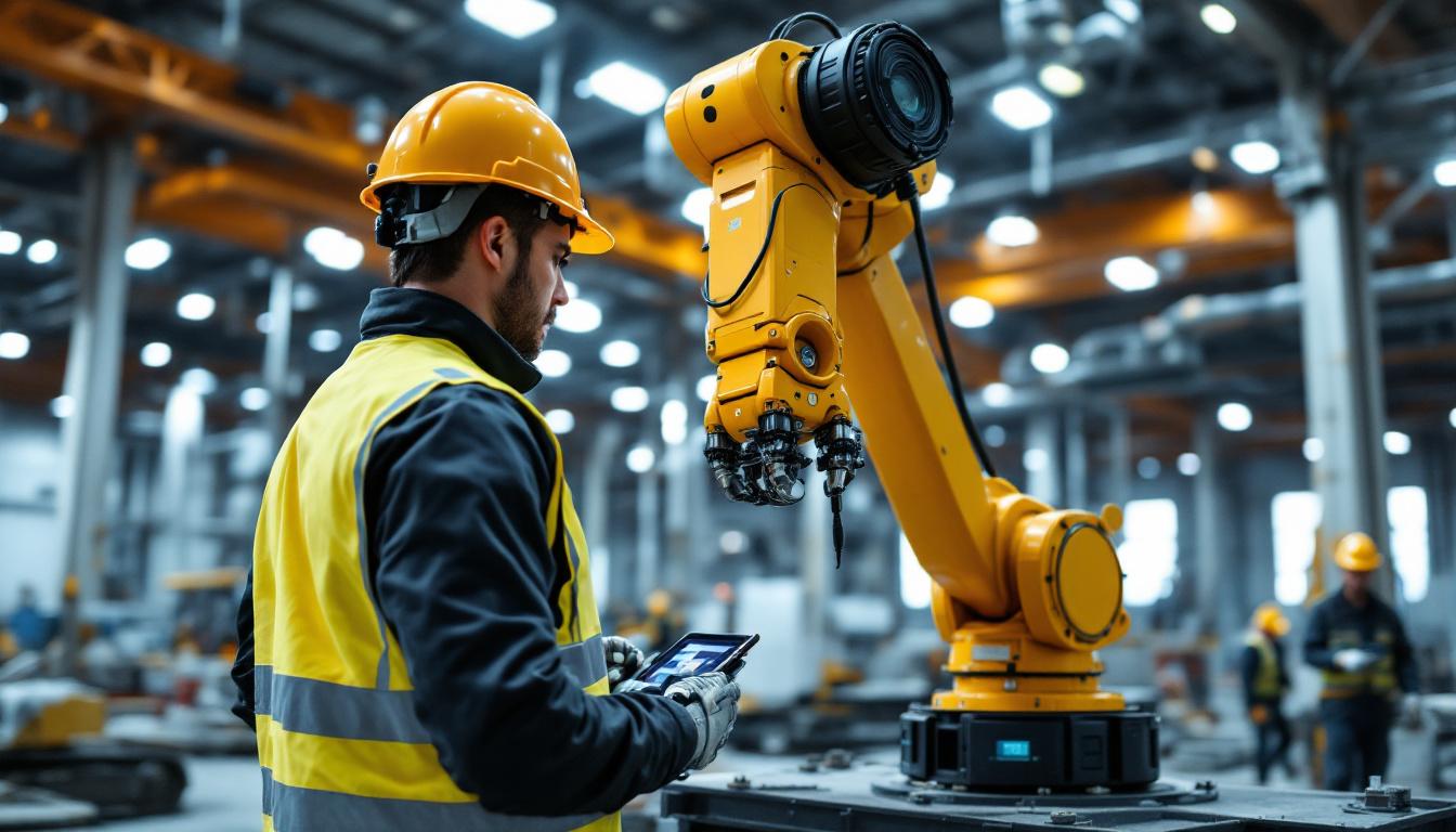 A photograph of a skilled technician operating an industrial robot on a construction site