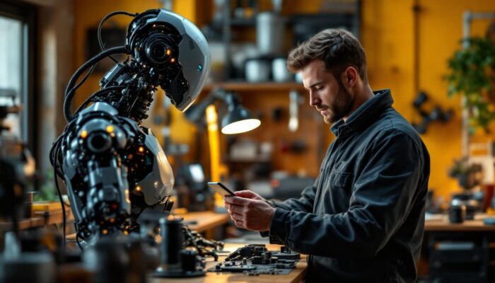 A photograph of a skilled technician working alongside an industrial robot in a home workshop setting