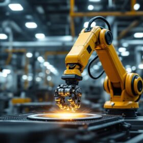 A photograph of a sleek industrial robotic arm in action within a modern manufacturing environment