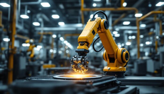 A photograph of a sleek industrial robotic arm in action within a modern manufacturing environment