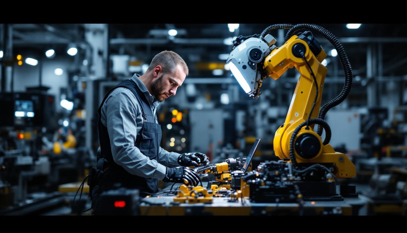A photograph of a skilled technician programming or operating an industrial robot in a modern manufacturing setting