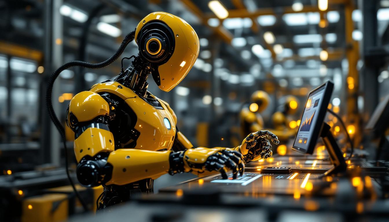 A photograph of a sleek industrial robot in action within a modern manufacturing environment