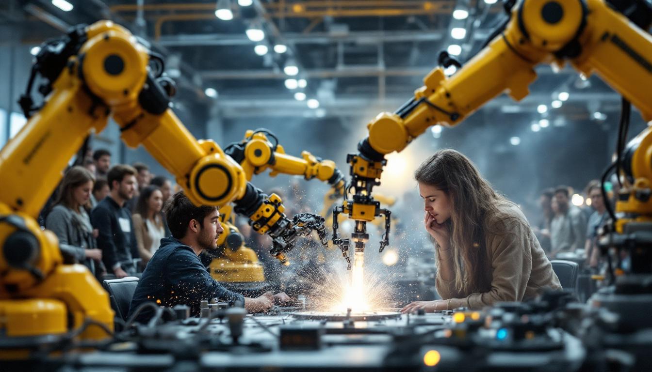 A photograph of a dynamic scene featuring mit students engaged in a robotics competition