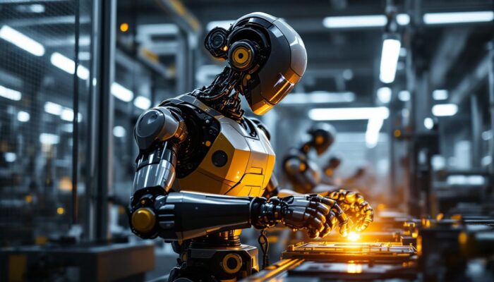 A photograph of a sleek industrial robot in action within a modern manufacturing facility