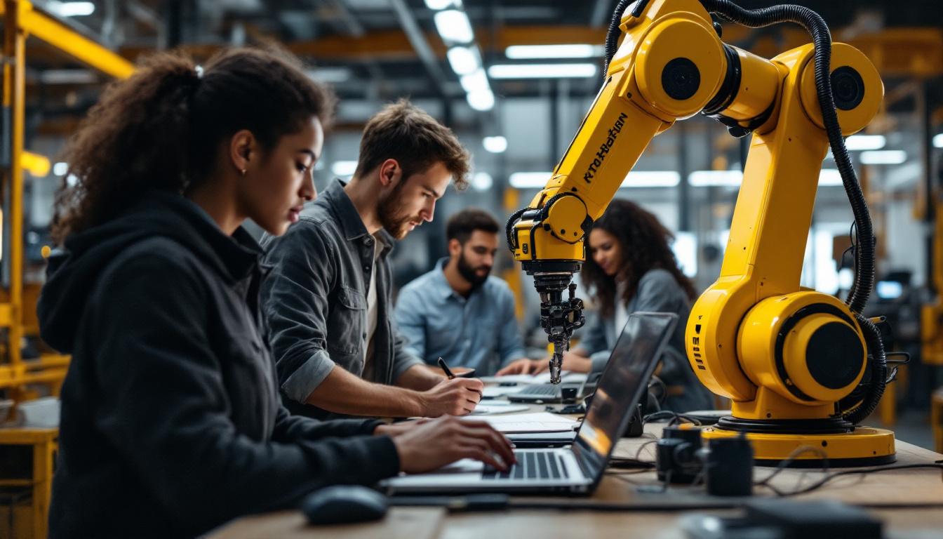 A photograph of a dynamic industrial robotics workspace