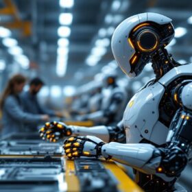 A photograph of a sleek industrial robot in action within a manufacturing environment