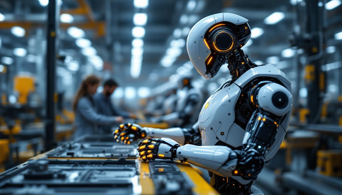 A photograph of a sleek industrial robot in action within a manufacturing environment