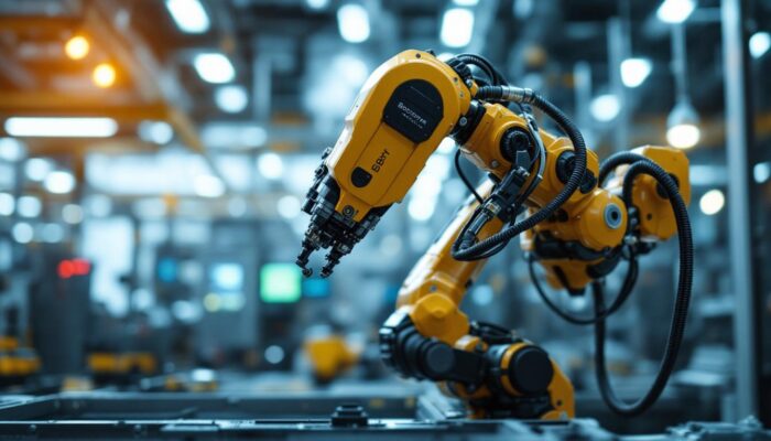 A photograph of a sleek industrial robot in action within a modern manufacturing facility