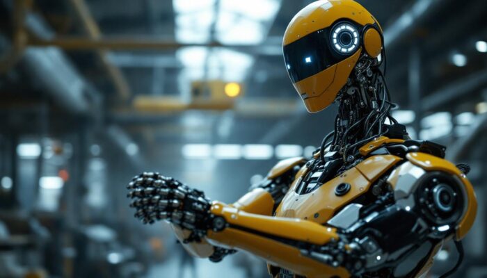 A photograph of a humanoid animatronic in a dynamic pose