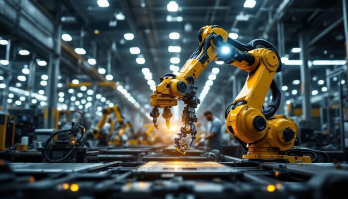 A photograph of a high-tech industrial robotic arm in action on a manufacturing floor