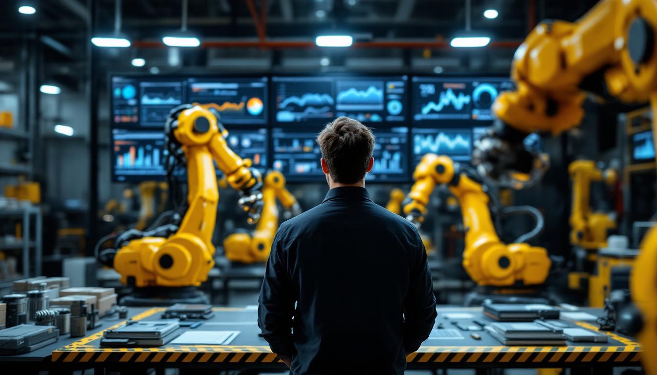A photograph of a dynamic industrial robotics workspace
